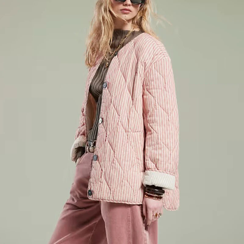 Women's Pink Striped Oversized Quilted Jacket Winter New Arrival Button-Up Long Sleeve Warm Coat with Pockets abrigos de mujer