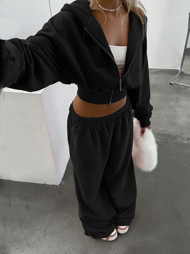 Sisterlinda Casual 2Piece Set Women Tracksuit Sporty Zip Patchwork Hooded Crop Jacket+Straight Pants Matching Streetwear Outfits