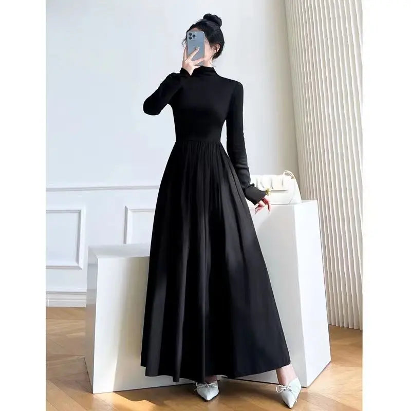 French Half-high Neck Spliced Black Dress with Winter Skirt Makes You Look Slim and High-end in Style with Autumn Long Dresses