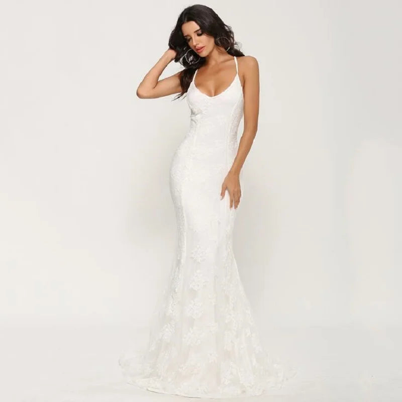 2025 New Sexy v-neck evening party dress women Elegant lace sleeveless white dress female Autumn chic ladies long dress vintage
