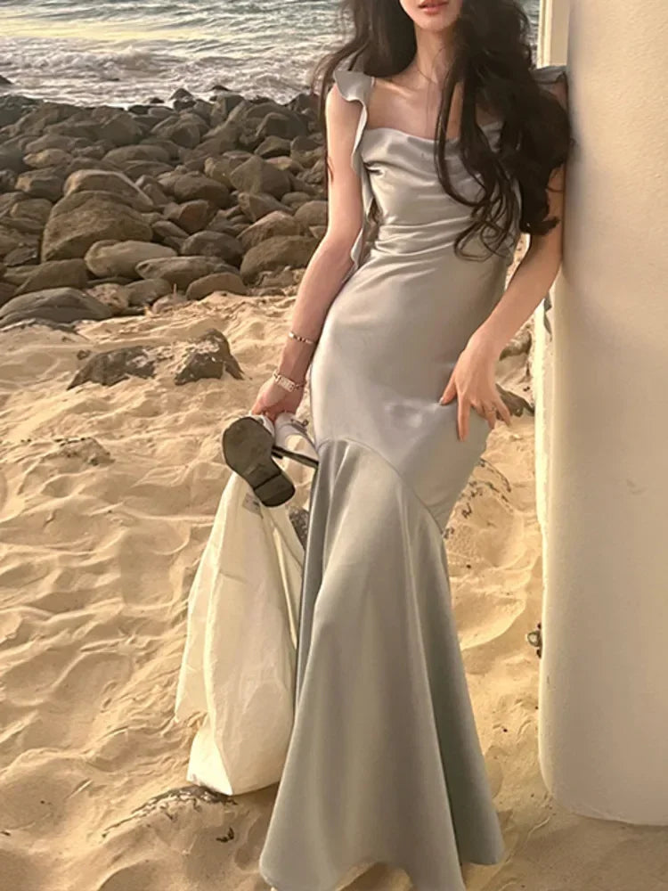 Vintage Satin Midi Dress Summer 2023 Fashion Sexy Design Ruffles Evening Party Dresses Ladies Draped Slim Female Clothing