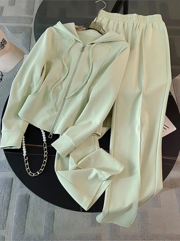 Fashion Solid Color Long Pant Two-piece Set For Woman Casual Hoodie Coats Wide-leg Pants Suit Autumn Winter Ladies Office Outfit
