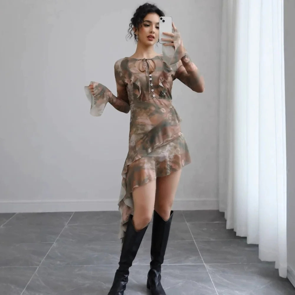 2025 new fashion cutout lace-up flared sleeve women dress slimming tie-dyed printed mesh dress women irregular mesh dress