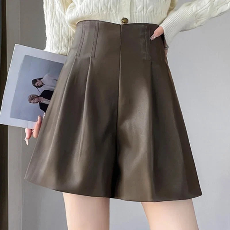 High Waist Vintage Black PU Leather Women's Wide Leg Shorts Casual Loose Straight A-line Short Pants Female New Autumn Winter