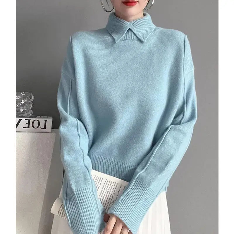2025 Autumn Women Warm Shirt Turn-down Collar Solid Knit Pullover Winter Elegant All-match Long Sleeve Sweater Lady Elegant Tops