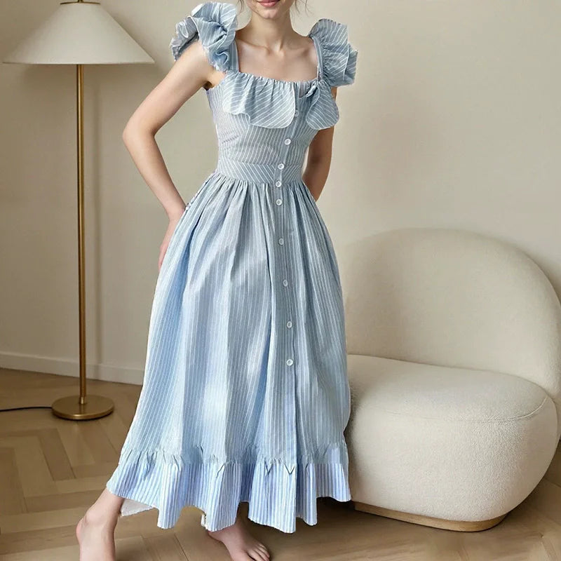 Summer 2025 new style small flying sleeve striped ruffled cinched waist women dress Halter dress for women